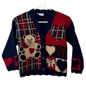 Vintage Parkway knits girls teddy bear bow cardigan plaid 80s 90s sweater 8